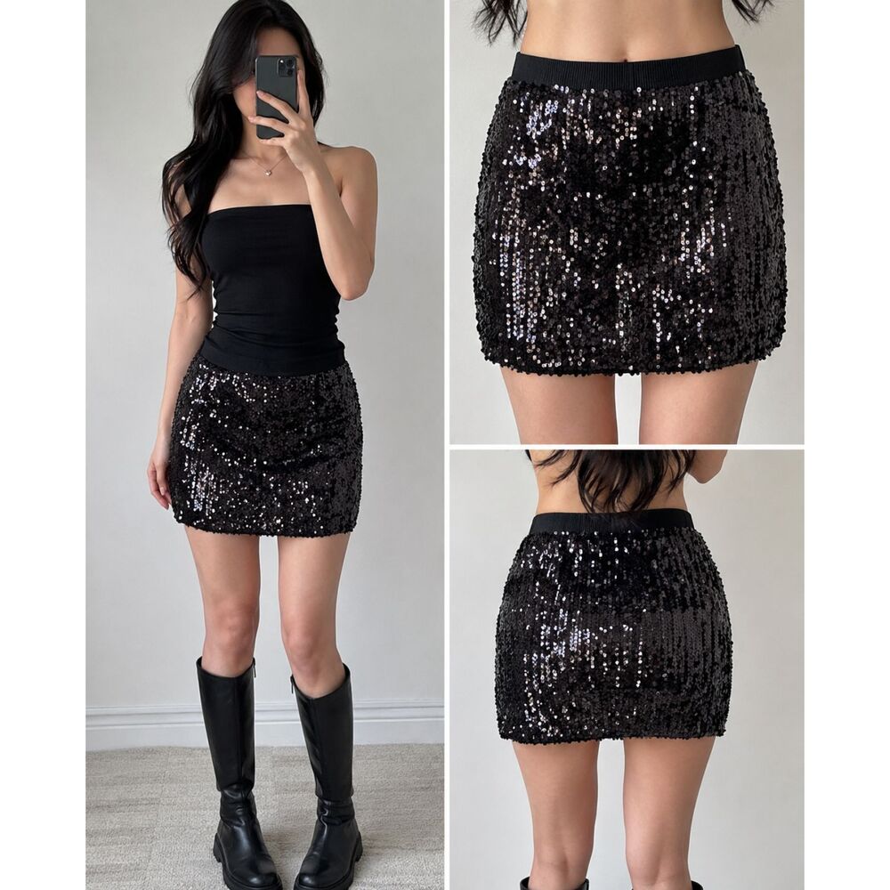 DKNYC Black Sequin Mini Skirt Womens XS S Party Club Holiday Stretch Waist